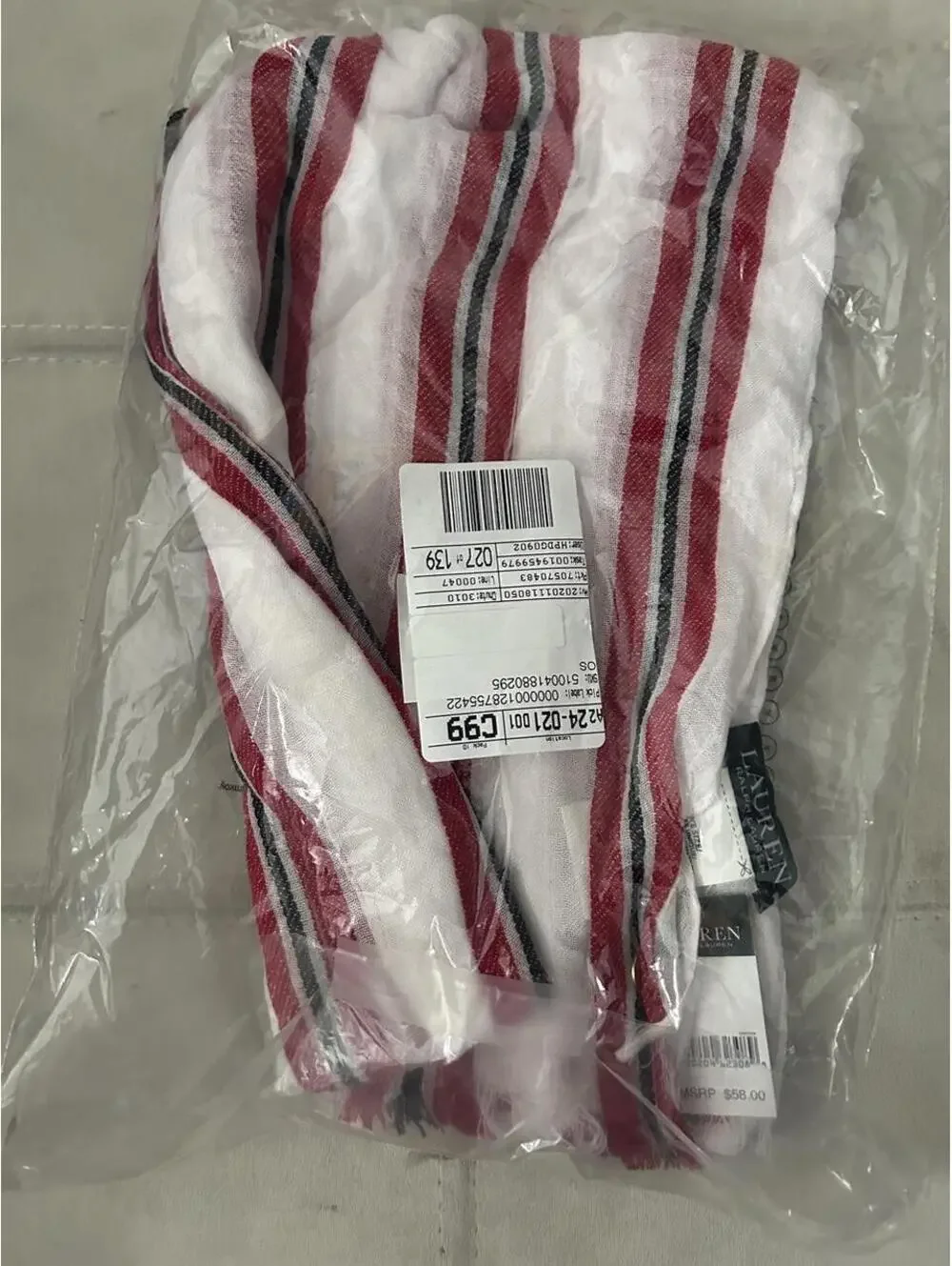 NWT Lauren Ralph Lauren red, white, and black striped fringe scarf